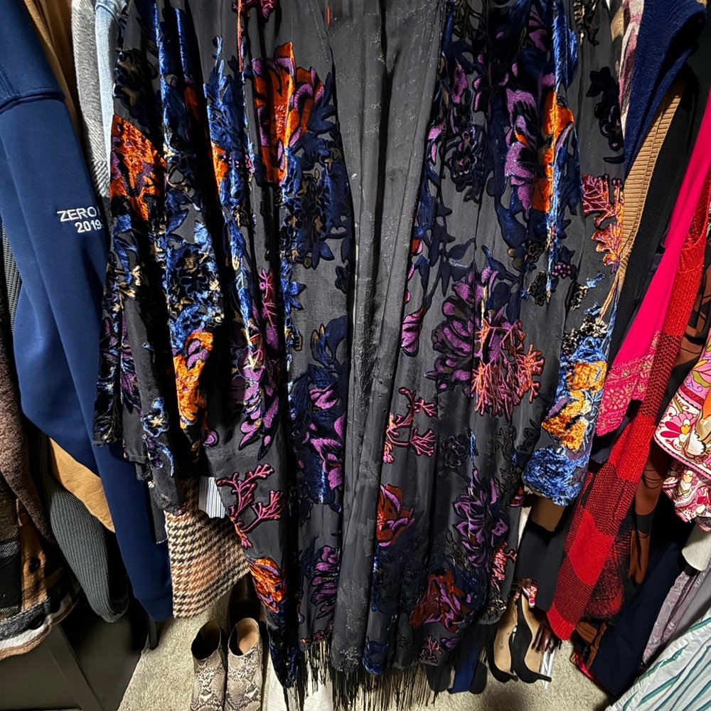 New York & Company Black Kimono with Vibrant Floral Embroidery